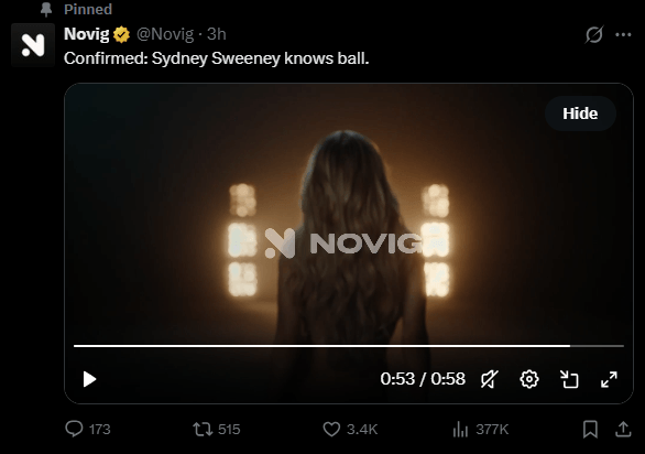 Screenshot of Novigs video posted on X of Sydney Sweeney on September 9, 2026
