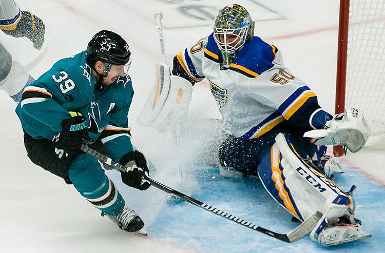 Logan Couture of the San Jose Sharks leads the NHL Stanley Cup playoffs in scoring and is a solid bet to pot a goal tonight against the St. Louis Blues, with his odds set at +170. 