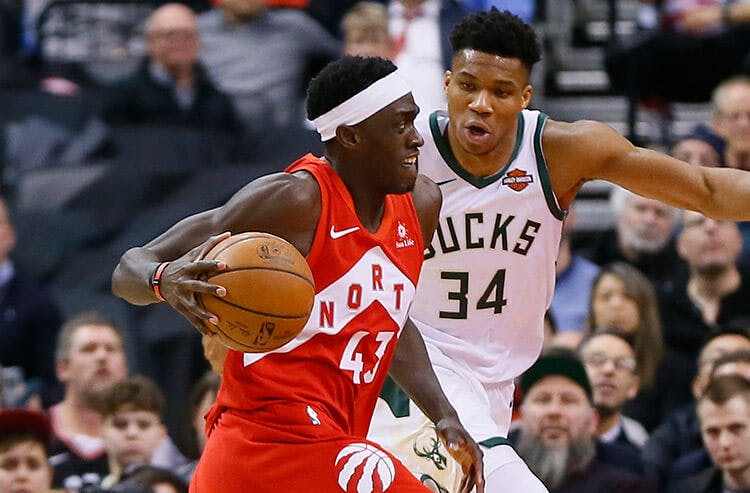Pascal Siakam and the Toronto Raptors are 2-point betting favorites against Giannis Antetokounmpo and the Milwaukee Bucks in NBA playoff action, with the over/under odds set at 219.5. 