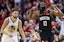 James Harden celebrates a basket against the Warriors.