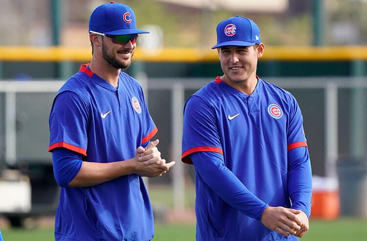 Teammates Kris Bryant and Anthony Rizzo share a laugh before a Cubs Spring Training game.
