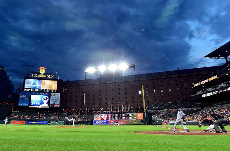 MLB teams facing off under the lights at Camden Yards.