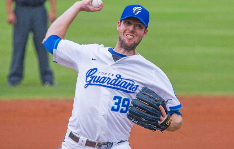 Mike Loree of the Fubon Guardians throws the ball in CPBL baseball action in Taiwan.