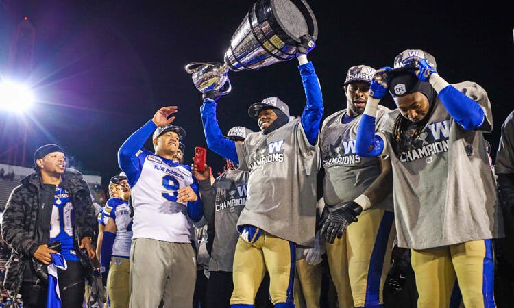 The Winnipeg Blue Bombers celebrate their CFL Grey Cup victory.