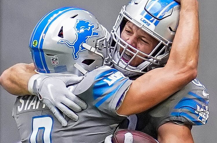 Detroit Lions celebrate a game-winning touchdown.