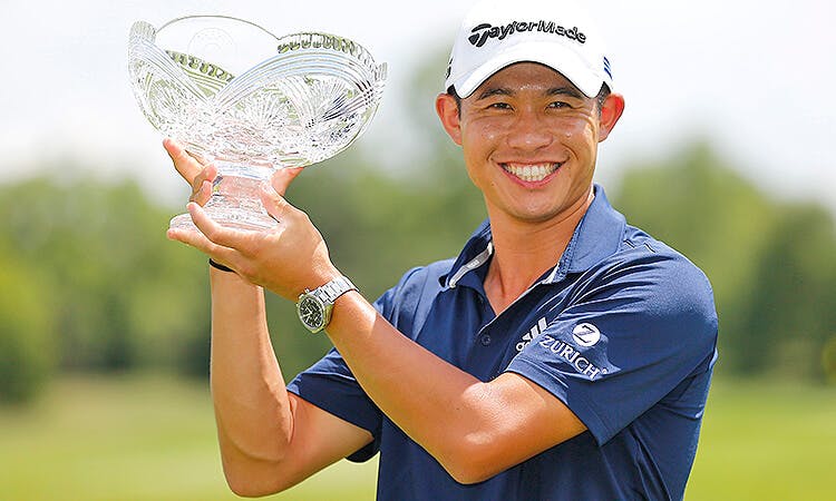 PGA golfer Collin Morikawa celebrates his victory at the Workday Charity Open.