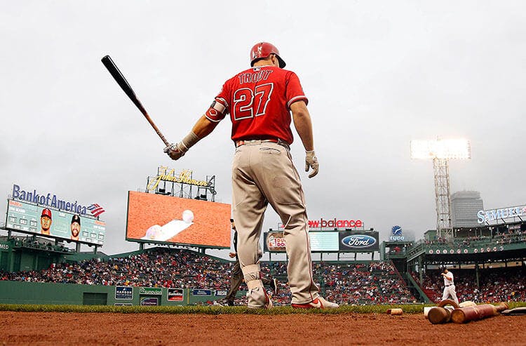 Angels star Mike Trout prepares to take an at bat in MLB action at Fenway Park in Boston.